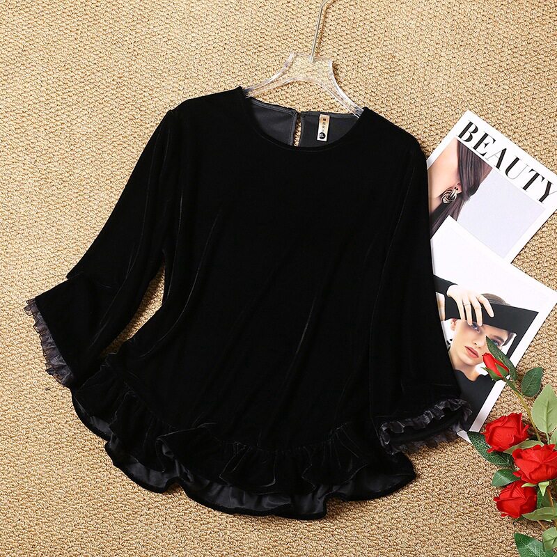 丝绒圆领衬衫中老年妈妈女春秋季宽松显瘦短款上衣小衫新中式国风
