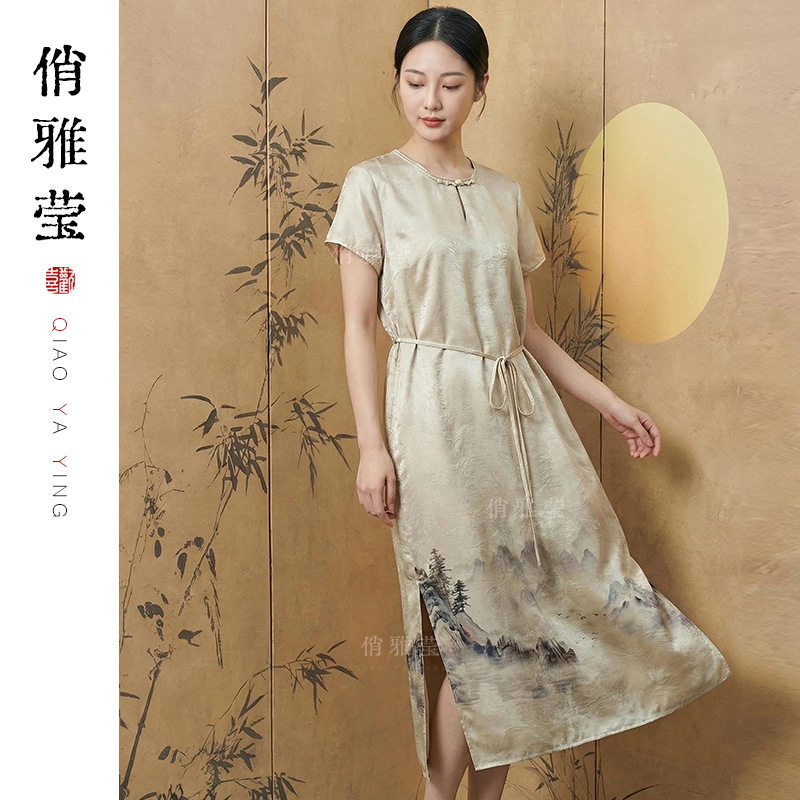 2026夏装宽松改良旗袍裙水墨气质新中式国风气质短袖连衣裙子女装