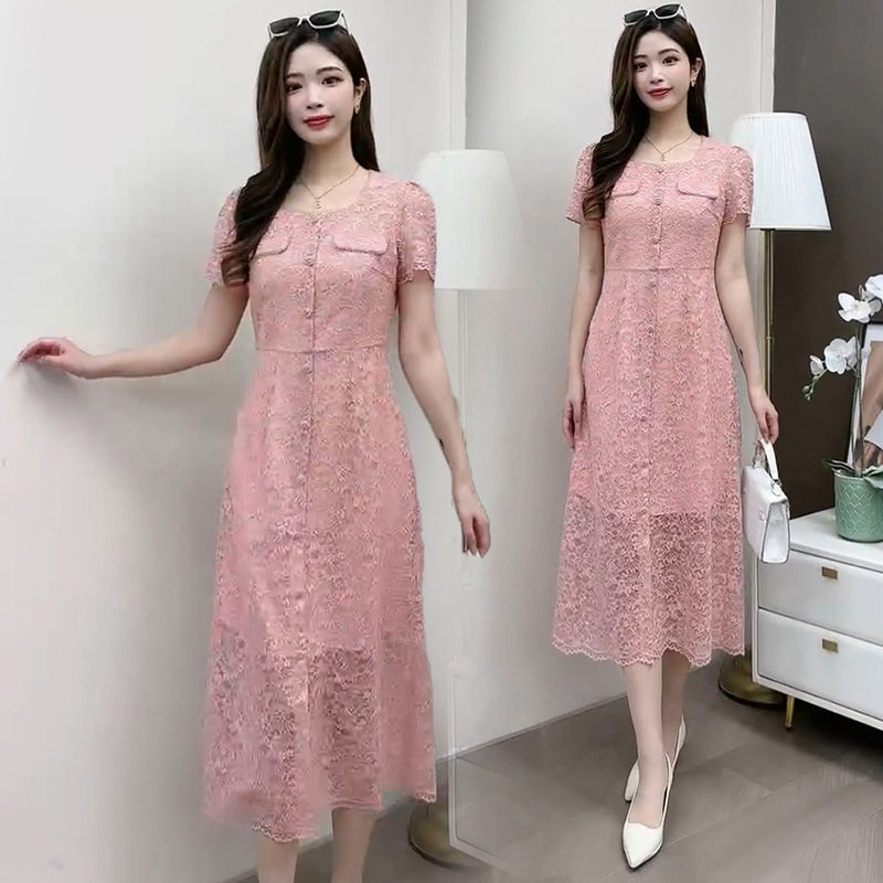 中青年女装蕾丝短袖连衣裙2025新中年妈妈装夏季减龄显瘦过膝长裙