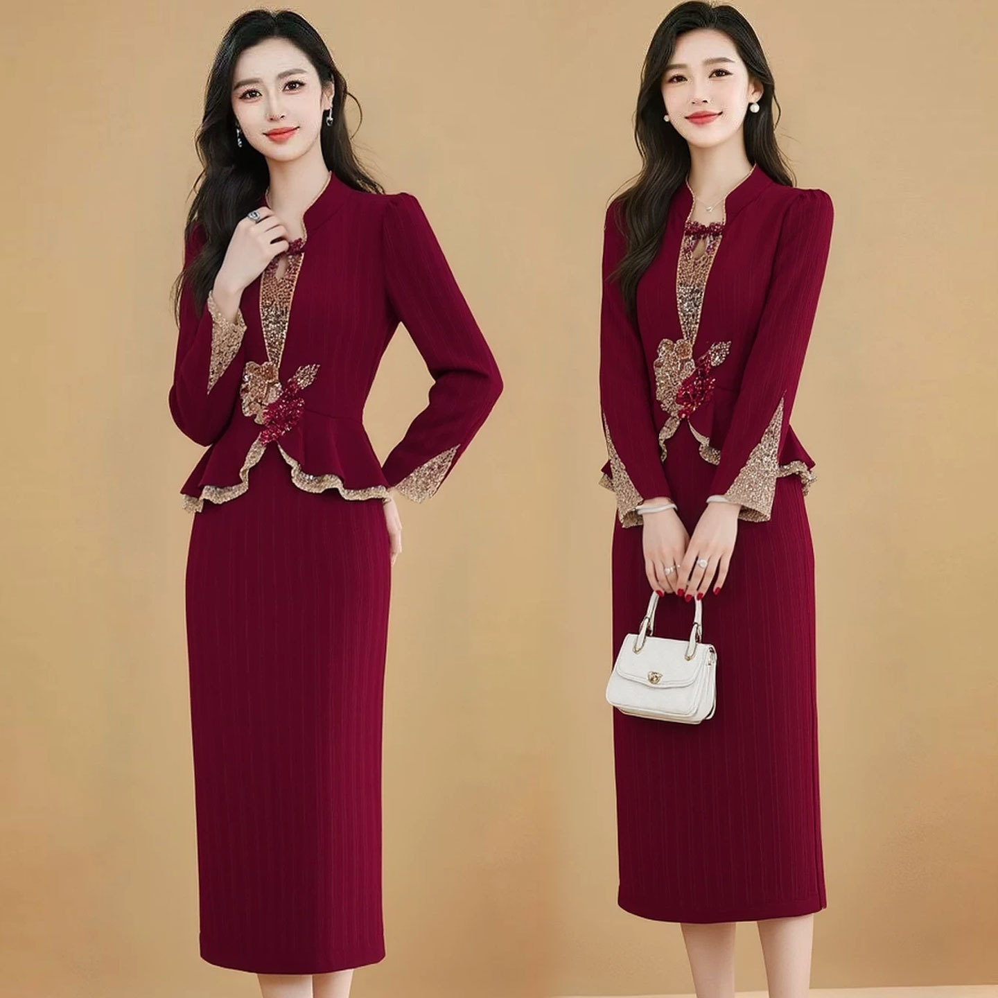 喜婆婆妈妈长袖连衣裙2026新款时尚中老年婚宴礼服假两件裙子女装