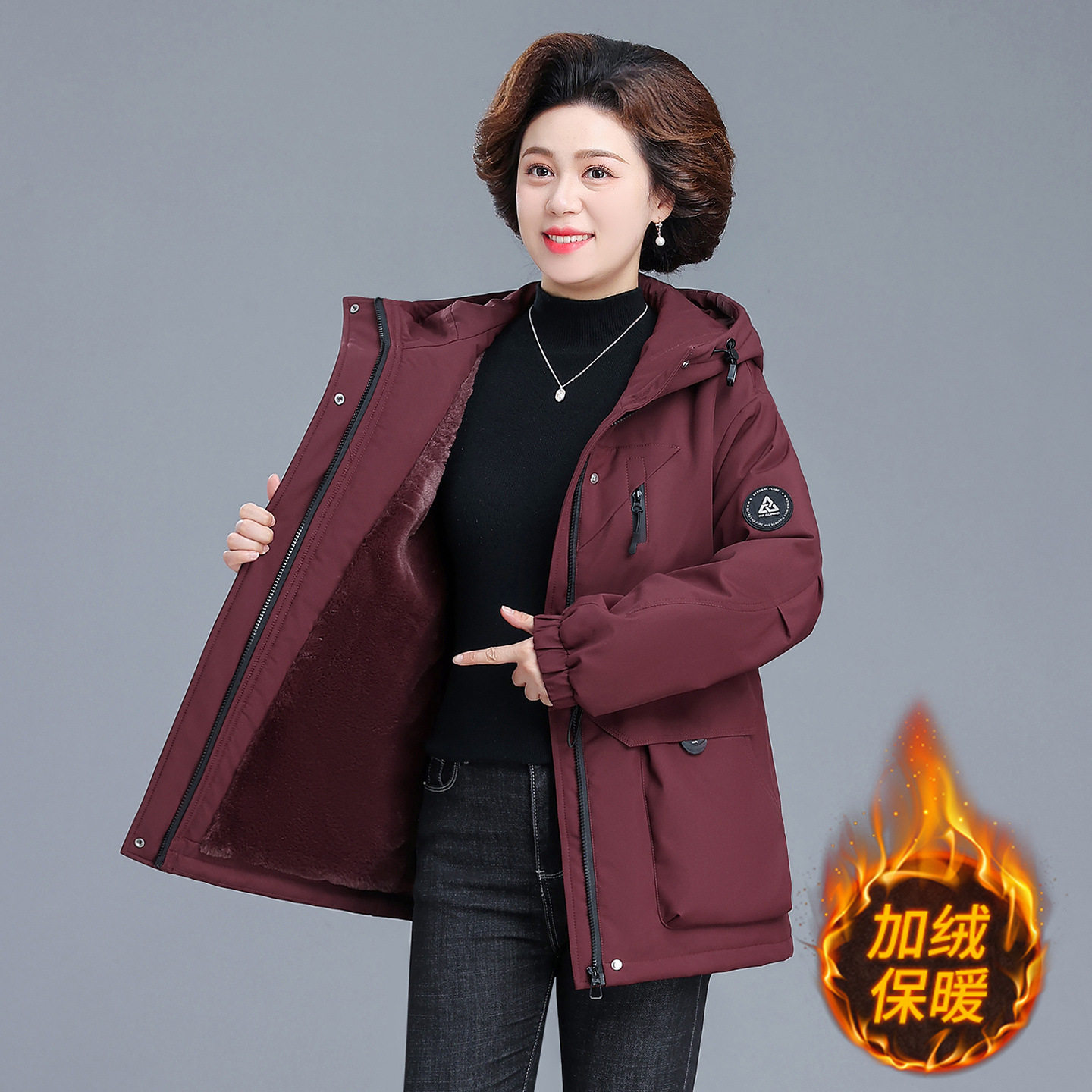 加绒派克服2026秋冬季新款中老年女装时尚加绒厚保暖大衣时尚外套