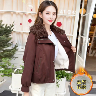 2025冬季新款中年妈妈装时尚加绒外套短款中青年女装羊羔毛领上衣