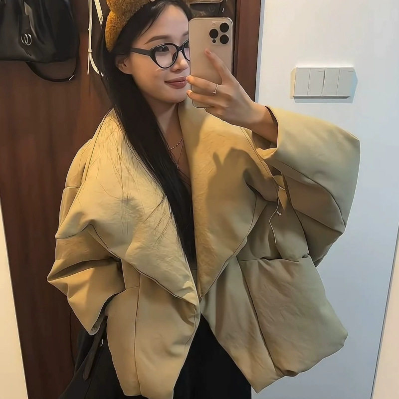 短款大翻领棉服女冬季2025年新款感小众宽松保暖面包服外套矮个子