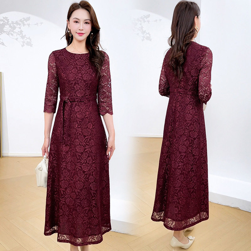 中青年女装时尚蕾丝长袖连衣裙2026春季新款中年妈妈晚装过膝长裙