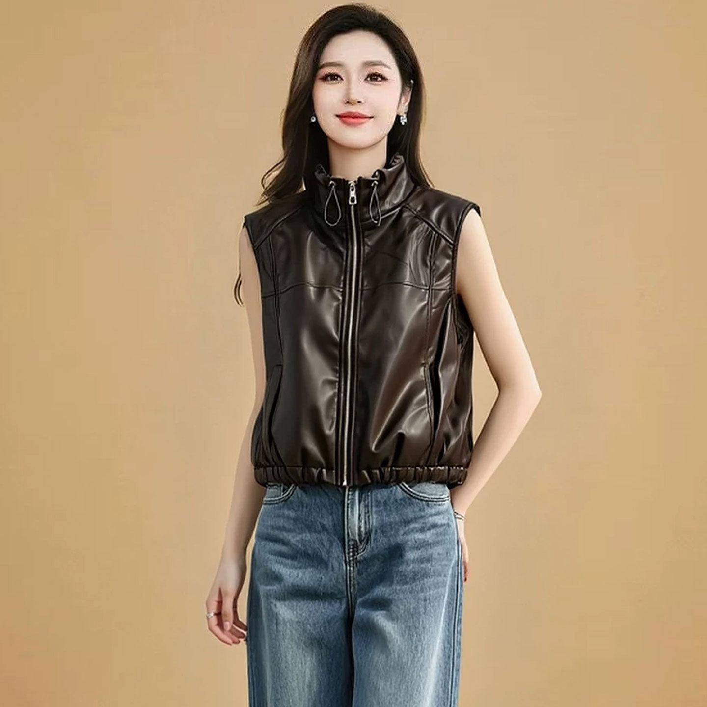 2026秋装新款立领抽绳拉链复古水洗中青年女装PU皮衣马甲外套上衣