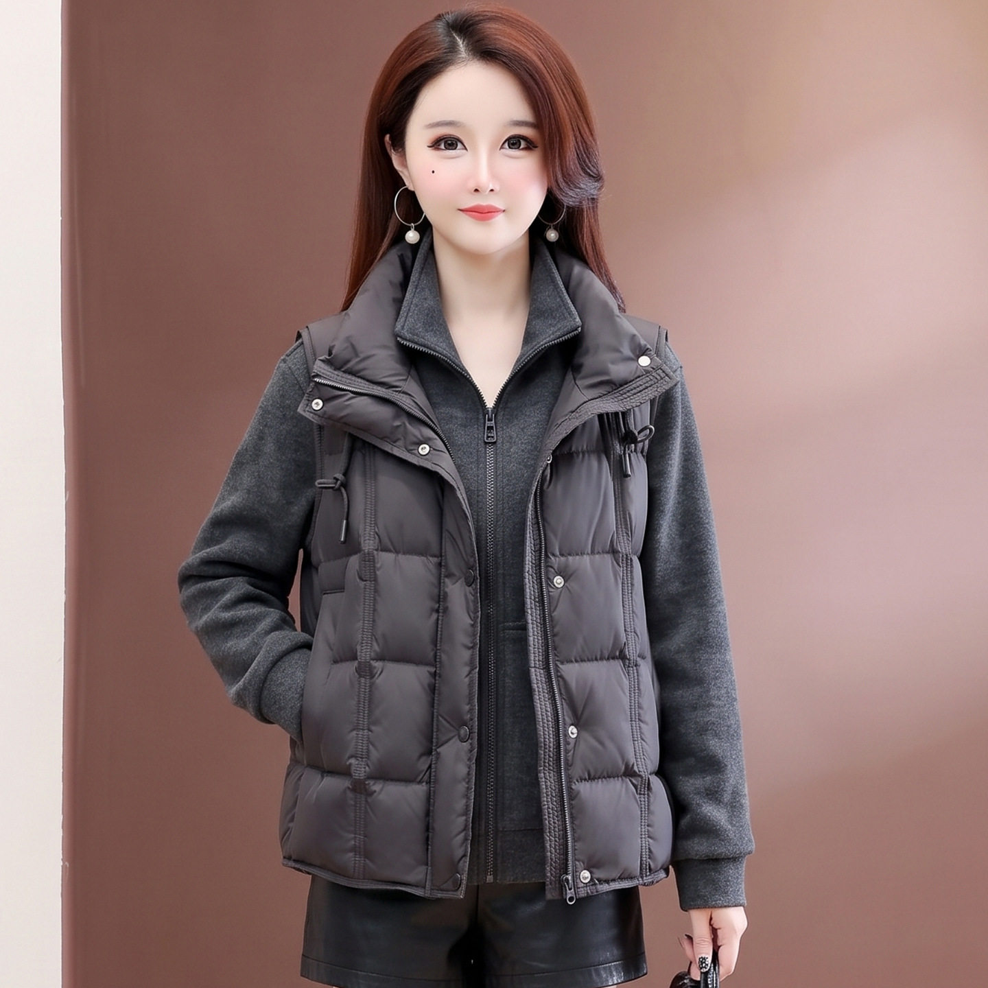 休闲运动背心套装女装秋冬时尚复古羽绒马甲外套卫衣两件套小个子