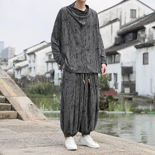 新中式破洞不规则领堆堆领小众束脚阔腿裤套装男TZ30-P143控168