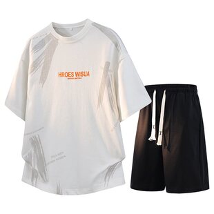 t恤休闲时尚 男士 套装 夏季 宽松 薄款 8XL青年潮牌两件套可二开短袖