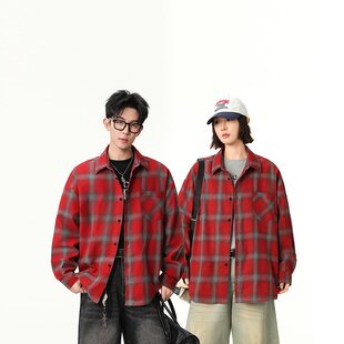 新款 日系港风休闲宽松衬衣夹克式 格子潮牌百搭衬衫 长袖 外 男士 春季