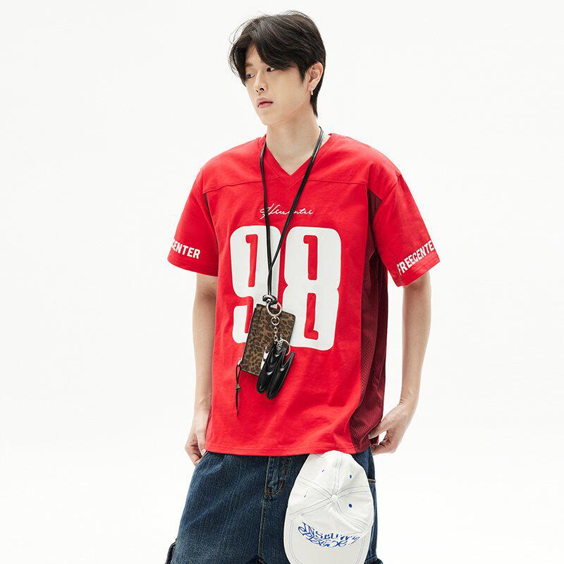 美式V领数字印花棒球服球衣短袖T恤夏季男女宽松运动上衣
