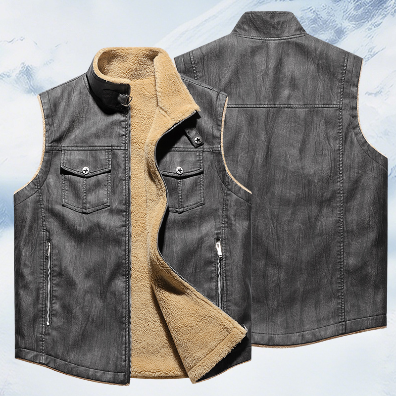 秋冬季新款羊羔绒皮衣马甲男士时尚宽松PU皮衣外套爸爸中老年防风