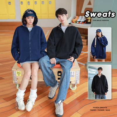拼接连帽开衫卫衣男款春秋季2025新款美式重磅慵懒风宽松痞帅外套