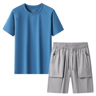冰丝潮流休闲运动夏季薄款宽松速干短袖圆领透气上衣男士短裤套装