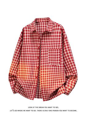 韩版时尚休闲红色格子小众设计感衬衫上衣衬衣C2247-特价P35