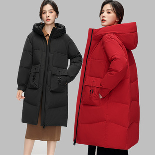 波斯顿羽绒服女款加厚中长款中国红波士顿官方旗舰店宽松女士外套