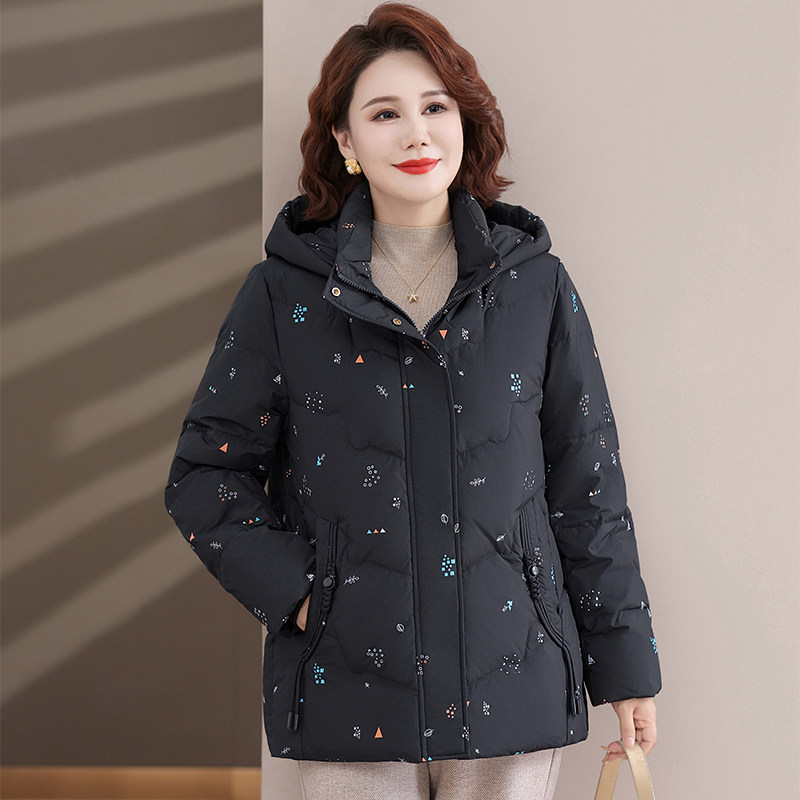 波士顿鹅绒服女款花色短款妈妈装波士顿官方旗舰店老年羽绒服脱帽