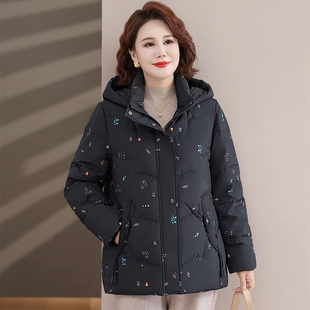 波士顿鹅绒服女款花色短款妈妈装波士顿官方旗舰店老年羽绒服脱帽