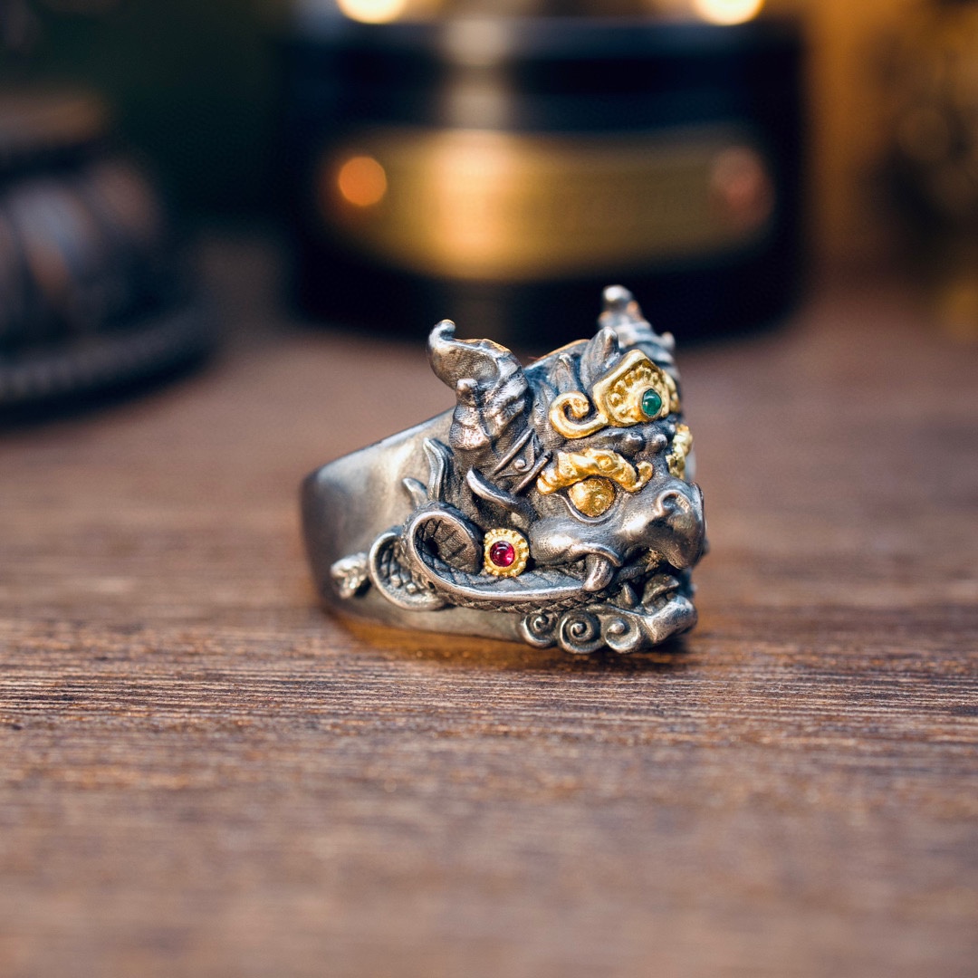 纯银【镶金大鹏鸟】指环 复古国风设计 金色为24k金 贴金工艺