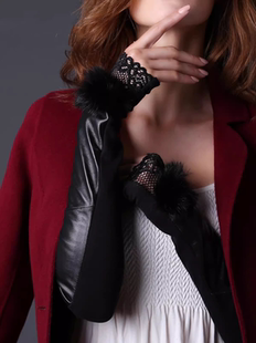 羊皮长手套假袖 秋冬季 兔毛修手手臂套袖 过肘真皮手套女薄款 子 长款