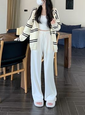 白色秋冬新款阔腿裤女高腰垂感拖地糯米裤休闲针织显瘦慵懒直筒裤