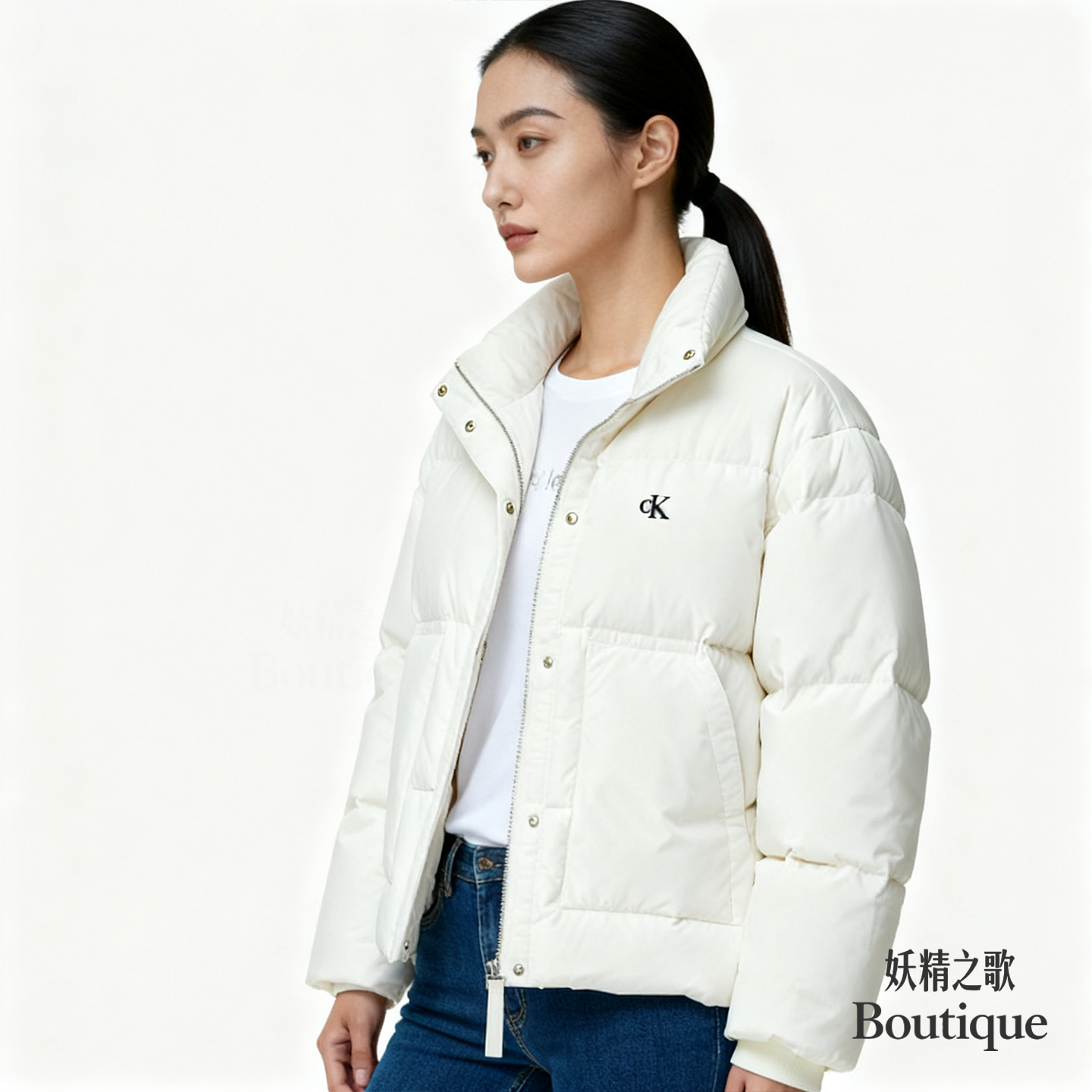 CALVIN KLEIN 防水大口袋鸭绒保暖立领外套羽绒服女款J224676 YBI