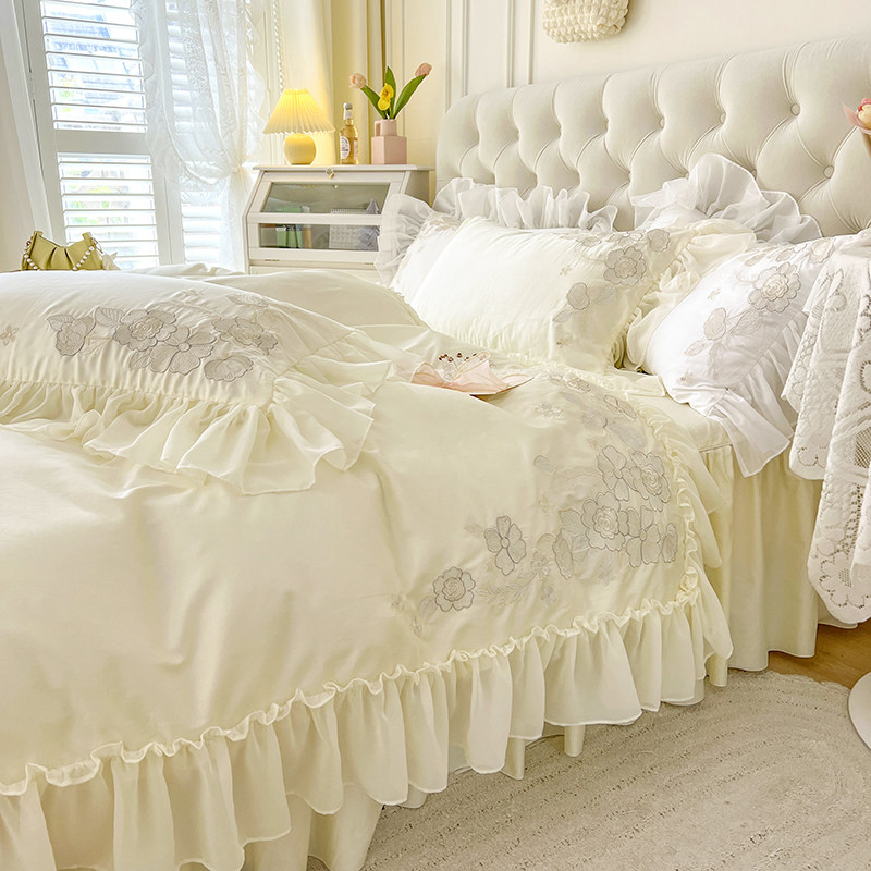 仙气公主风床裙四件套纯棉100全棉法式轻奢高级感刺绣荷叶边被套
