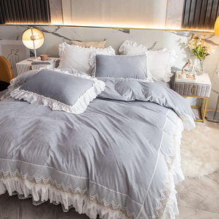 冬天加绒珊瑚绒床上四件套冬季加厚法兰绒蕾丝边被套双面毛绒床裙