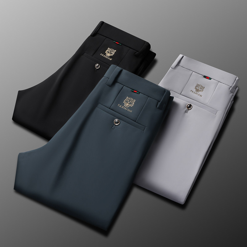 花花公子春夏新款男休闲冰丝裤高弹商务直筒休闲裤男免烫抗抽西裤