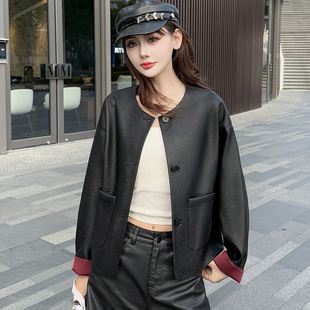 宽松外套无领双兜气质减龄遮胯外套 荔枝纹皮衣女装 时尚 洋气挽袖