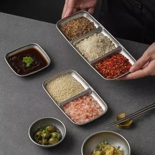 复古做旧304不锈钢酱料碟韩式烤肉店蘸料碟火锅调味两格三格味碟