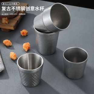 复古304不锈钢双层水杯做旧韩式烤肉餐厅茶杯啤酒杯饮料随手杯子