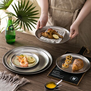 复古韩式不锈钢圆盘做旧烤肉盘子托盘平底浅盘烧烤盘骨碟餐具商用