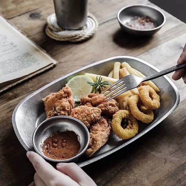 复古不锈钢ins工业风餐盘餐厅西餐托盘薯条炸鸡盘户外盘子小吃盘