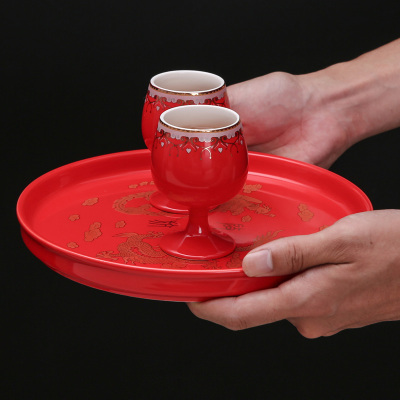 陶瓷红色套装中式婚礼交杯酒喜盘