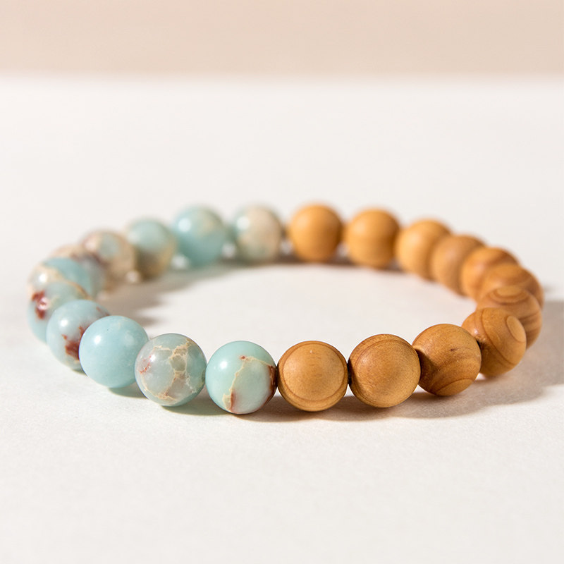 国风寿山石 檀木 崖柏 简约手链男女士单圈手串 木质文艺复古饰品