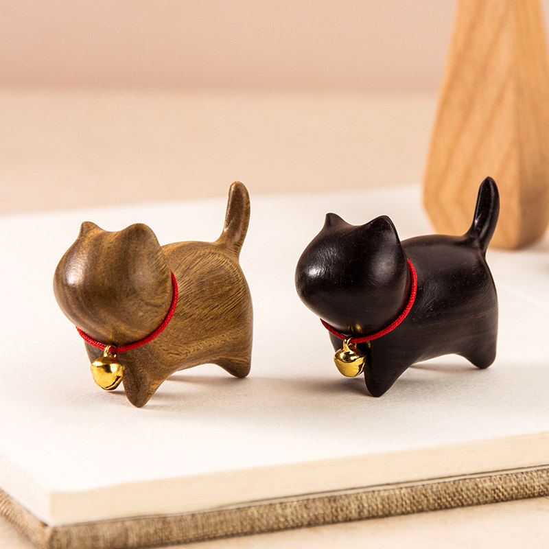 檀木铃铛猫可爱卡通桌面摆件 文玩手把件小玩物 室内家居茶几饰品