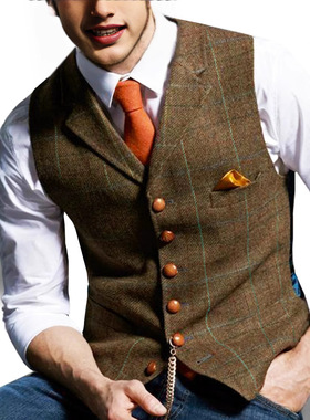 跨境欧美翻领西装马夹结婚伴郎主持人修身格子马甲通勤背心坎肩男