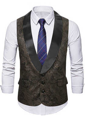 英伦绅士青果领单排扣碎花马甲婚礼伴郎西服坎肩潮男拼色印花马夹