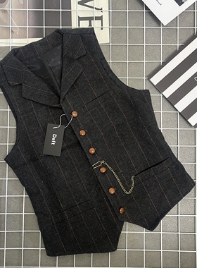 秋冬美式复古阿美咔叽真口袋西装领格子马甲商务休闲伴郎加厚坎肩