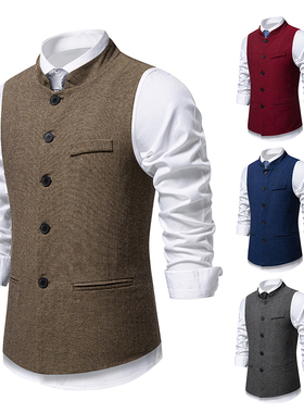 跨境欧美男士复古人字尼立领西装马甲新中式商务背心大码宽松坎肩