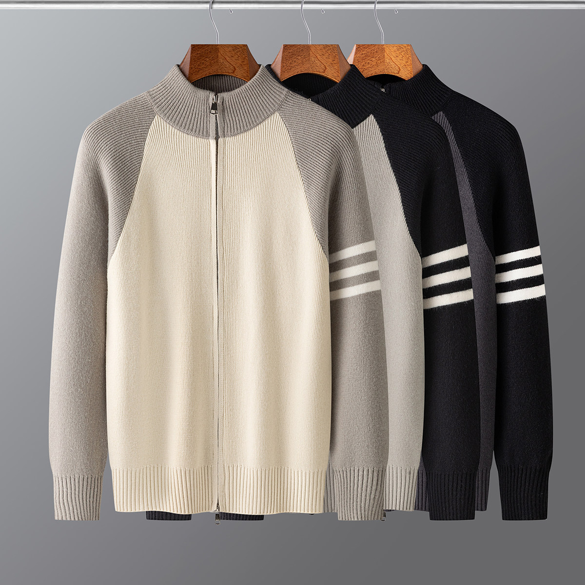 秋季韩版老钱风男士插肩袖撞色毛衣半高领拉链外套潮牌立领针织衫