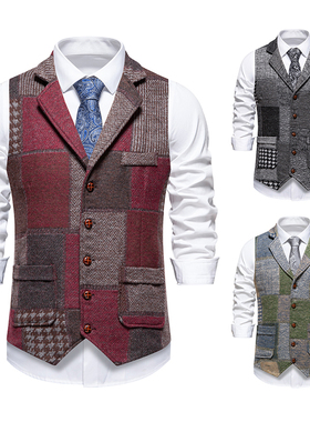 欧美男士个性花格子拼接撞色复古马甲仿毛呢背心单排扣西装坎肩潮