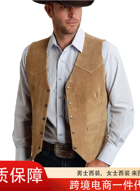 欧美男士老钱风复古麂皮绒西装马甲摇滚硬汉金属扣大码猎装坎肩潮