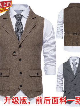 欧美男士大码宽松多口袋工装马甲谢尔比西服背心复古人字呢坎肩潮