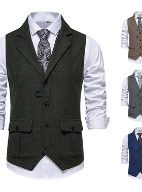跨境欧美男士人字呢复古翻领多口袋西装马甲老外肥佬大码商务背心