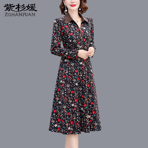 春秋长袖新款小碎花连衣裙中年女