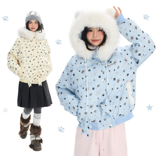 复古星星小熊满印连帽棉服女