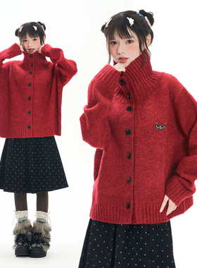 Double L2 新年红色慵懒风高领毛衣开衫女新款宽松针织外套上衣