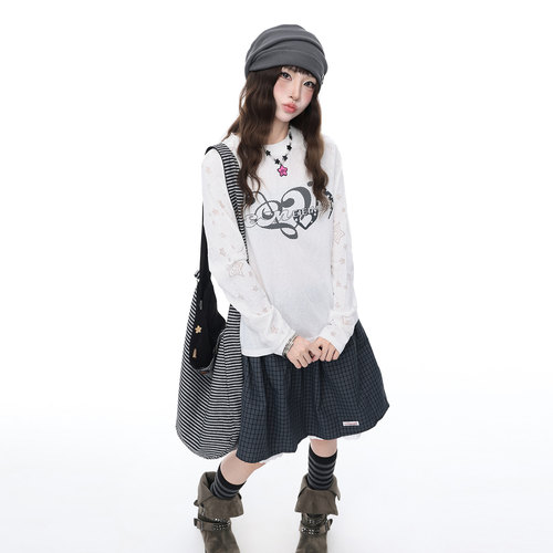 Double L2 韩系少女波点音符长袖T恤女轻薄透气圆领防晒罩衫上衣