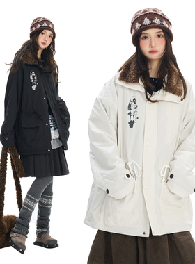 Double L2 美式复古座山雕毛领中长款连帽派克棉服女宽松保暖外套